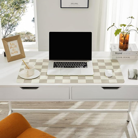 Ohocut Checkered Desk Mat, 31.5" x 15.7" Large Cute Beige Khaki Aesthetic Retro Accessories, PU Leather Computer Laptop Desk Mat Mouse Keyboard Pad, Desk Writing Makeup Mat for Vanity/Work/Home Decor