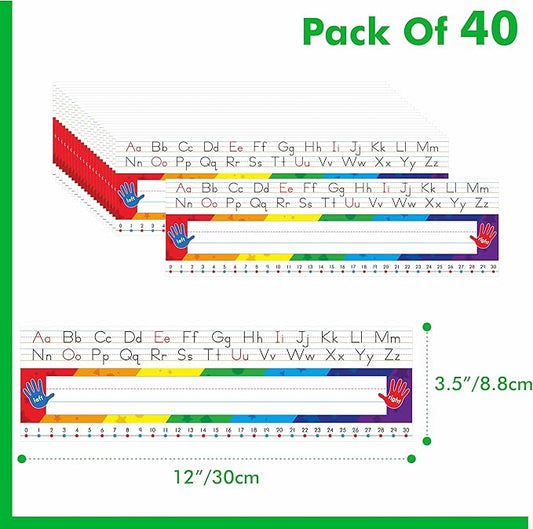 40 PCS Desk Nameplates, Waterproof Desk Name Tags with Alphabet, Number Line 1-30 Traditional Manuscript Name Plate for Classroom School Student (12” x 3.5”)