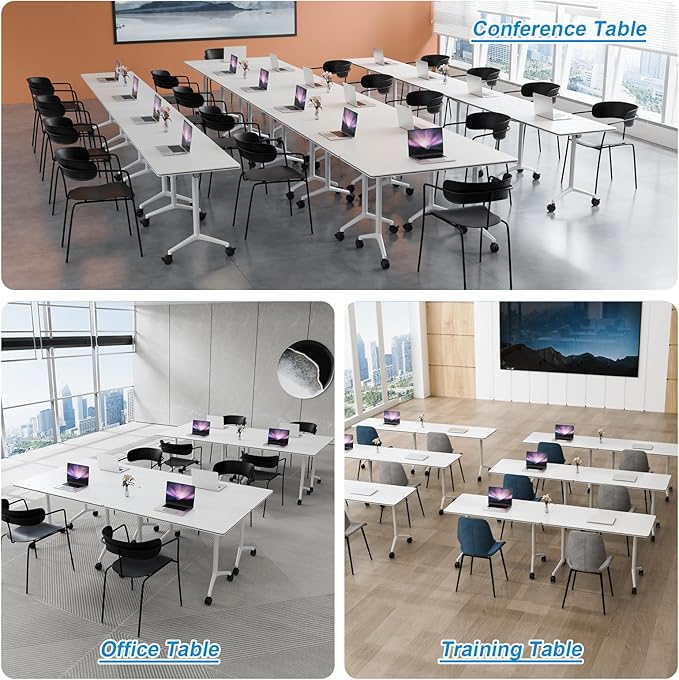 Conference Table Flip Top Mobile Conference Room Tables,Folding Conference Table with Wheels,Large Meeting Training Seminar Table Saving Space for Office Classroom (8, White, 47.2'')