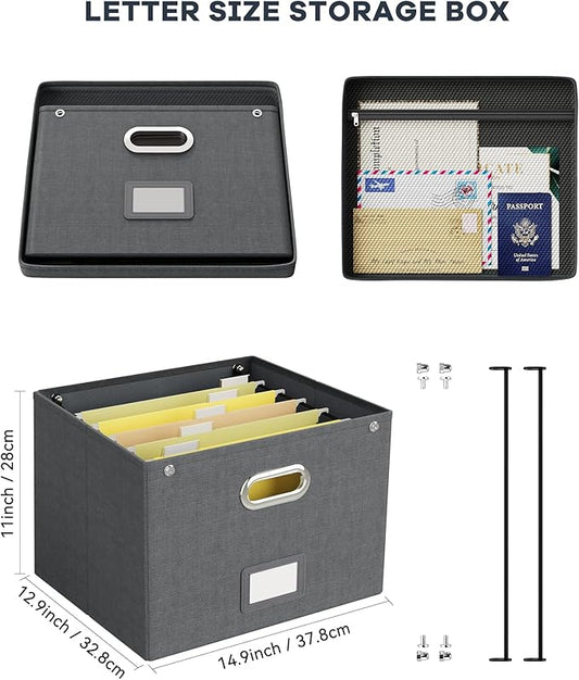 Oterri File Organizer Box with Lid,Large Hanging Filing Box with Mesh Pocket, Document Organizer for Letter Files, Portable Storage Case with Smooth Sliding Rail for Office&Home (1 PCS, Dark grey)