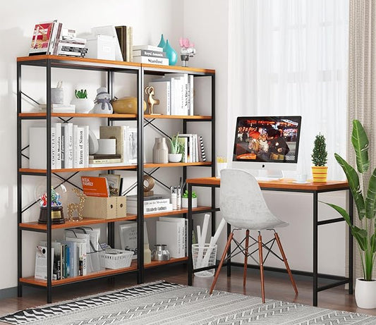 Himimi Industrial Bookshelf 5-Tier Set of 2, Bookcase 58" H Ladder Shelf, Storage Shelves Rack Shelf Unit, Accent Furniture Metal Frame, Home Office Furniture, Vintage Brown(2PCS)