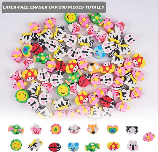 200 Pieces Cartoon Cute Animal Pencil Erasers Pencil Eraser Toppers Rabbit Zebra Mushroom Ladybug Pencils Caps for Students School Classroom Supplies