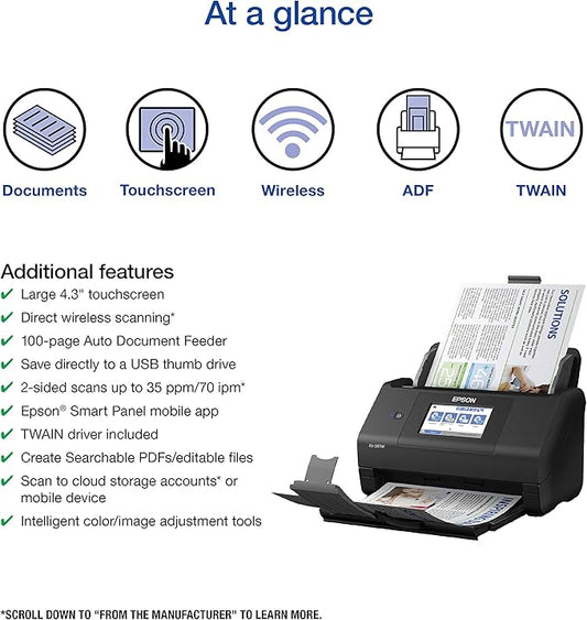 Epson Workforce ES-580W Wireless Color Duplex Desktop Document Scanner for PC and Mac with 100-sheet Auto Document Feeder (ADF) and Intuitive 4.3" Touchscreen. Full 1-Year Limited Warranty (Renewed)