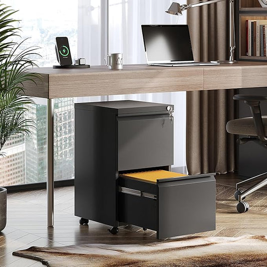 DEVAISE 2 Drawer Metal File Cabinet, Fully Assembled, Under Desk, Black, Lock, Fits Letter/Legal/A4 Size Files
