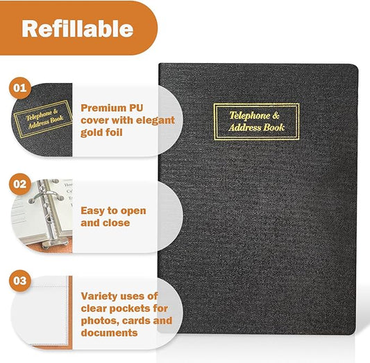 Refillable Address Book Binder with Alphabetical Tabs, 648 Entry Space Large Print Telephone Book, PU Leather Contact Book with Tabs & Pockets & Pen for Seniors Office Home