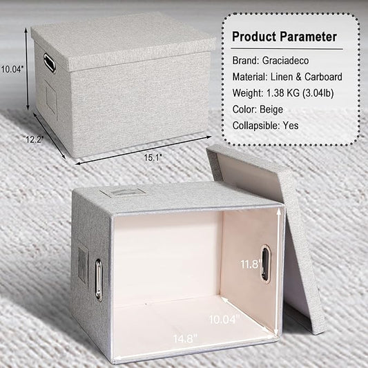 File Organizer Box, Collapsible Storage Filling Collectior with Lid for Letter Legal Size Hanging Folders Decorative Linen File Folder Box Document Storage Filing Bin, Beige 2 Pack