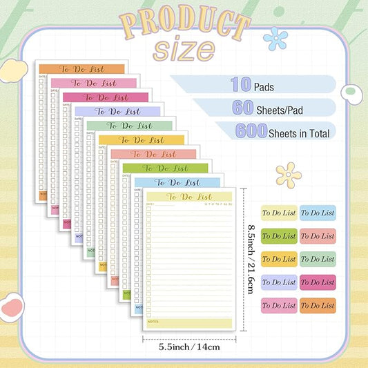 Censen 10 Packs To Do List Notepads, Simple Daily Reminder Checklist Planner Mix Color for Organizing, Planning, College Ruled, Office Gifts, 8.5 x 5.5 Inches, 60 Sheets Each