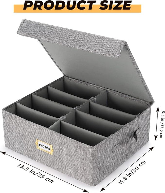 Erogeen Decorative Photo Storage Box with lid 4x6, 8 Inner Photo Organizer with Dividers, Memory Storage Box for Pictures, Stamps, Keepsakes (Gray)