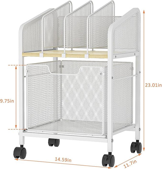 Tiaoheka Rolling File Cabinet with Adjustable Dividers, Mobile Filing Cabinet with Storage Drawer on Lockable Wheels, Hanging File Organizer Beside Under Desk for Office, Home, White(Patent Pending)