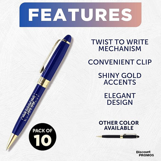 DISCOUNT PROMOS 10 Ultra Executive Pens Pack - Customizable Text, Logo - Twist To Write, Gold Accent - Blue