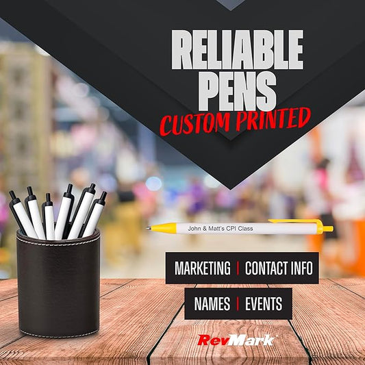 RevMark Personalized Ballpoint Pen, Custom Printed Name, Business or Event Information, Timeless Advertising, USA Made Pens, Promotional Marketing, Smooth Black Ink, Bulk Pack (Yellow,250 Ct)