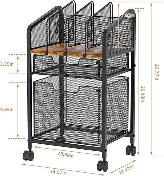 Tiaoheka Rolling File Cabinet with Adjustable Dividers, Mobile Filing Cabinet with 2 Storage Drawers on Lockable Wheels, Hanging File Organizer Beside Under Desk for Office, Home(Patent Pending)