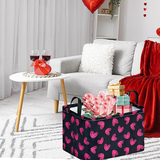 FUULOXE Rectangular Valentines Basket Storage Bin for Shelves Girls Gifts Baskets Foldable Box with Handles for Home Office Car Dormroom Valentine's Day Party Supplies