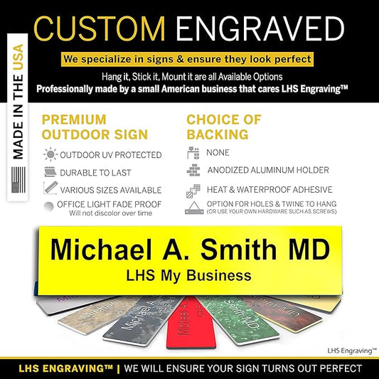 Personalized Name Plate with Choice of Mounting Holders for Walls, Doors, Cubicles, Hanging and More - Custom Yellow Plastic Black Letters - USA Made 2x10 - B4