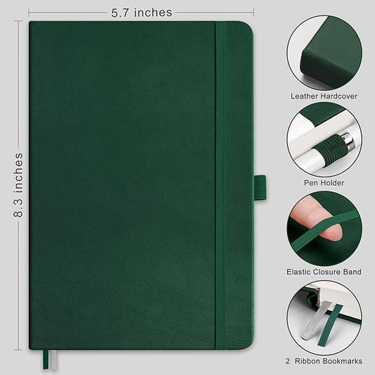 RETTACY Bullet Dotted Journal Notebook, 256 Pages, A5 Medium Size (5.7'' × 8.3''), Leather Hardcover, 120 GSM Thick Paper, for Bullet Journaling, Planning, Tracking (Dark Green)