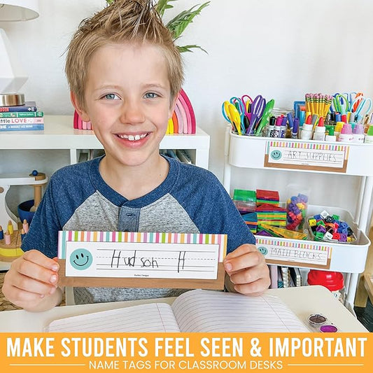 Desk Name Tags for Classroom -25 Student Name Plates for Classroom Kindergarten, Preschool, 1st, 2nd & 3rd Grade, 9x3 Teacher Nameplates for Student Desks & Cubbies, Smiley Nametags