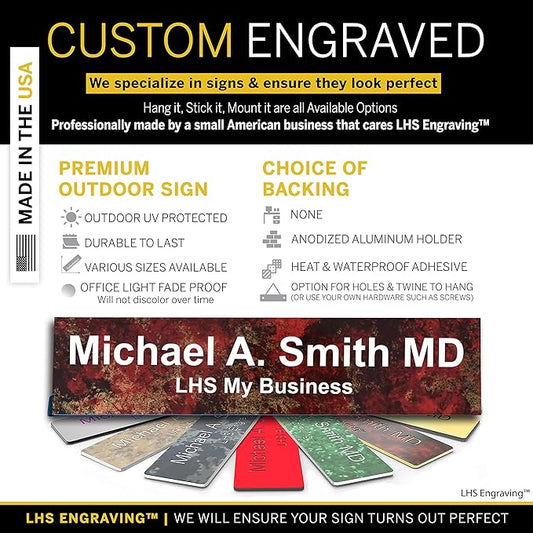 Personalized Name Plate with Choice of Mounting Holders for Walls, Doors, Cubicles, Hanging and More - Custom Gloss Rustico Granite Plastic White Letters - USA Made 2x12 - S2