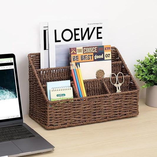 DINGTAI Rattan Desk Organizer, Tabletop Mail Holder, 5 Slot Mail Organizer Countertop Basket, Rattan Office Supplies, Boho Office Desk Accessories, Wicker Desk Organizer, Magazine Holder(Brown)