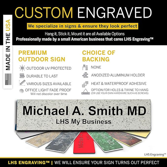 Custom Name Plate with Choice of Mounting for Walls, Doors, Cubicles, Hanging and More - Personalized Solarious Stone Plastic Black Letters - USA Made 2x12 - S3