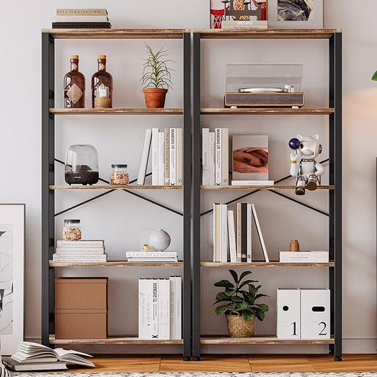 IRONCK Bookshelves and Bookcases, 31.5in Wide Shelf 5-Tier Ladder Shelf 110lbs/shelf Vintage Industrial Style Bookcase for Bedroom Living Room Home, Rustics Brown
