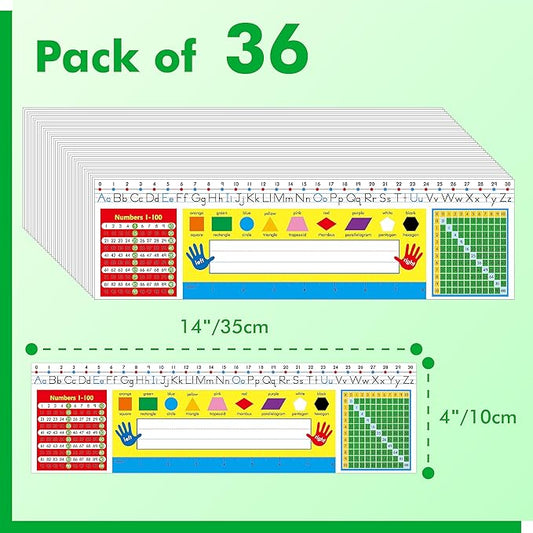 36 PCS Desk Nameplates, Double Sided PET Film Desk Name Tags with Alphabet, Numbers, Multiplication Chart, Shapes, Colors and Ruler Erasable & Reusable Traditional Manuscript Name Plate (14” x 4”)