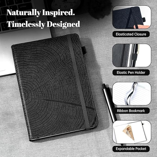 CAGIE Lined Journal for Men Women, Tree Growth Ring Leather Bound Journal Notebook, 256 Pages 100 GSM Journals for Writing, A5 Hardcover Journaling Notebooks,2 Pack (Brown & Black)