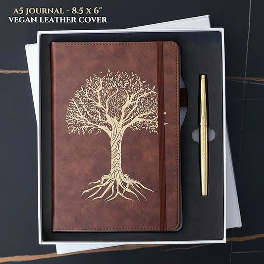 Veway Vegan Leather Journal and Pen Set, Tree of Life Notebook, A5 Lined Writing Journal with 224 Pages, Index and Gift Ready Box