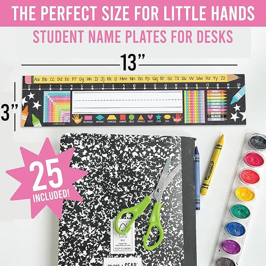 Desk Name Tags for Classroom -25 Student Name Plates for Classroom Kindergarten, Preschool, 1st, 2nd & 3rd Grade, 13x3 Teacher Nameplates for Student Desks, Chalkboard Nametags