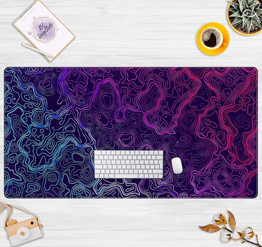 Blue Purple Desk Pad Topographic Map Desk Mat XXL Large Extended Gaming Mouse Pad Computer Mat, Laptop Keyboard and Mouse Mat, Office Decor Non-Slip Mousepad with Stitched Edge, 31.5''x15.7''