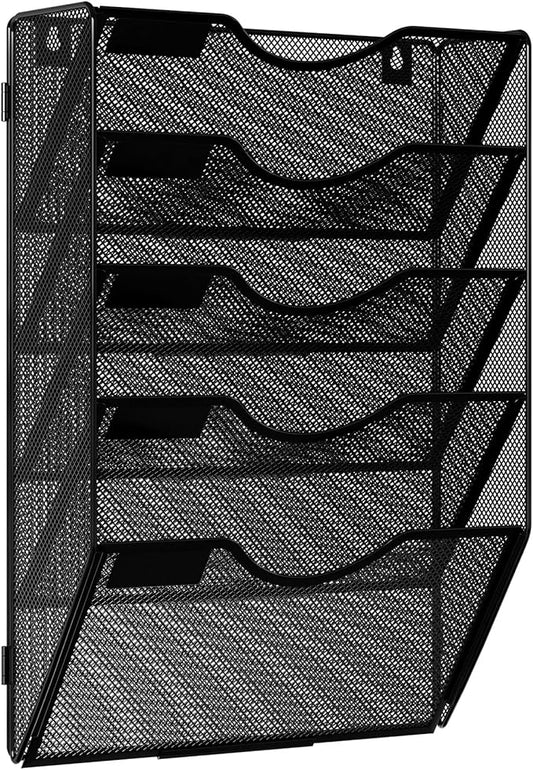 Solinxe Wall Hanging File Holder 5 Pocket Wall Mounted Paper Organizer Magazine File Holder Storage Rack,Black
