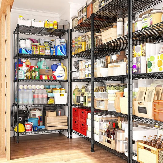 REIBII 5 Tier Storage Shelves Adjustable Wire Rack Shelving, Kitchen Shelves 13.4" D x 23.2" W x 60" H Strong Metal Shelves for Restaurant Garage Pantry,Black