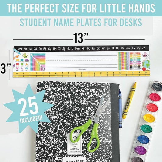 Desk Name Tags for Classroom -25 Student Name Plates for Classroom Kindergarten, Preschool, 1st, 2nd & 3rd Grade, 13x3 Teacher Nameplates for Student Desks, Colorful Nametags