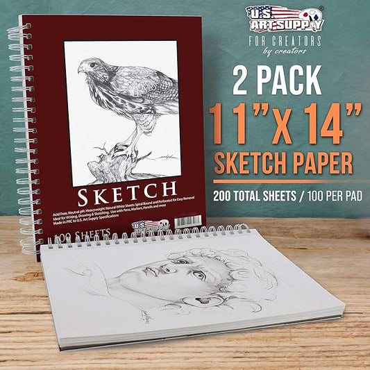 U.S. Art Supply 11"x14" Sketch Book Pad, 2 Pack (100 Sheets Each), 60lb (100gsm) Spiral Bound - Sketching, Drawing Pad, Acid-Free Paper - Sketch Pads for Adults, Students: Colored Pencils, Charcoal