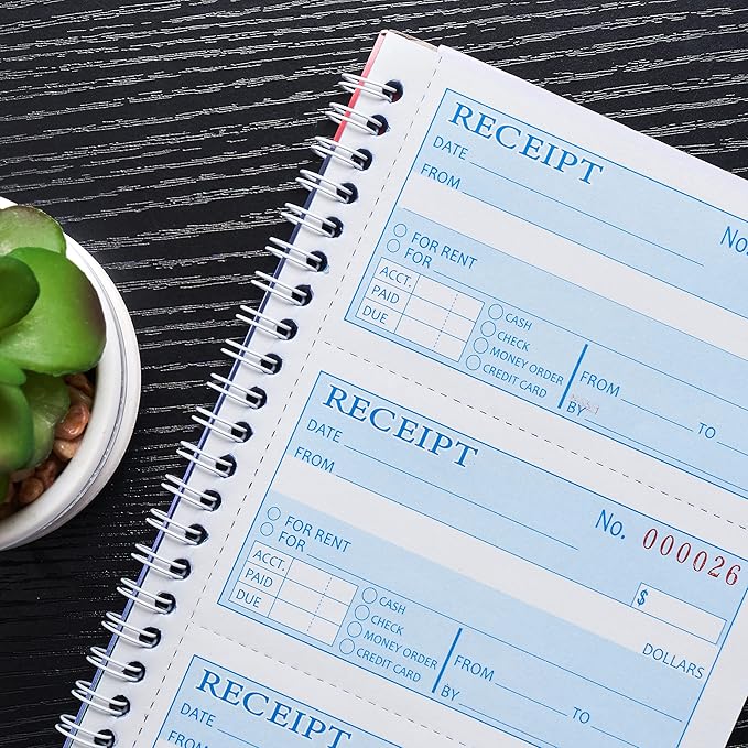 2 Packs Receipt Book with Carbon Copies,Money and Rent Receipt Book,2-Part Carbonless,5.31" x 11.22",Spiral Bound,Yellow and Blue Copy,200 Sets per Book