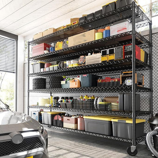 REIBII 82.6" H*60''W*17.7" D Steel Heavy Duty Wire Shelving with Wheels, 6-Tier Adjustable Storage Shelves 3598LBS Commercial Metal Shelves for Pantry, Garage, College Dorm School Industrial Shelving