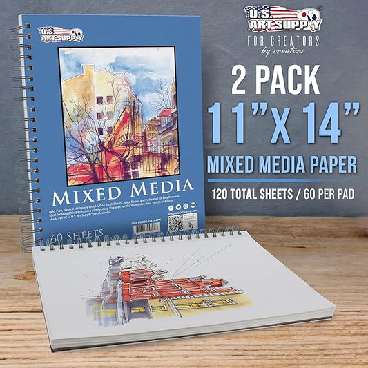 U.S. Art Supply 11"x14" Mixed Media Sketchbook, 2 Pack (60 Sheets), 98 lb (160 GSM) - Spiral-Bound Pad with Perforated Acid-Free Paper - Artist Sketch Book for Drawing, Painting, Watercolor