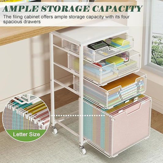 Sbanmao 4 Drawer Rolling File Cart with Wheels, Mobile Filing Cabinet for Home Office, Hanging File Organizer, Under Desk Storage, Multifunctional Utility Cart Printer Stand, White (Patent Pending)