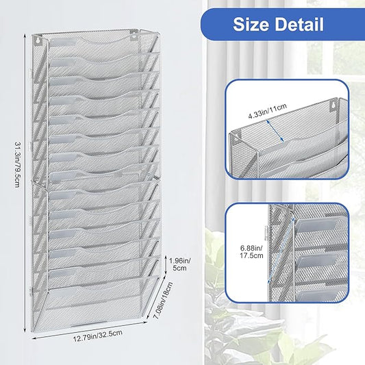 EasyPAG Wall File Organizer for Office 14 Pocket Mesh Wall Mounted Paper Organizer Hanging Folder Holder with Nametag Label for Home School, Silver