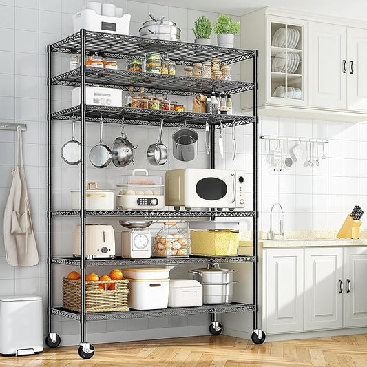 Romorgniz 82" H X45 W X18 D Storage Shelves with Wheels, 6 Tier Wire Shelving Adjustable Metal Shelving Pantry Shelves Capacity 1200LBS for Garage Shelving, Pantry, Kitchen, Closet, Commercial, Black