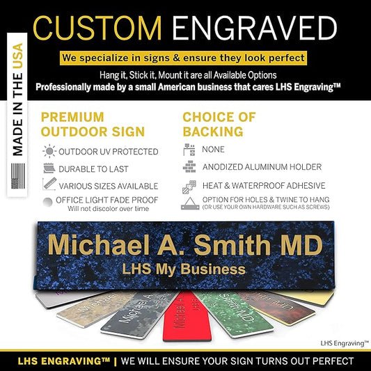 Custom Name Plate with Choice of Mounting for Walls, Doors, Cubicles, Hanging and More - Personalized Celestial Blue Plastic Gold Letters - USA Made 2x12 - S1