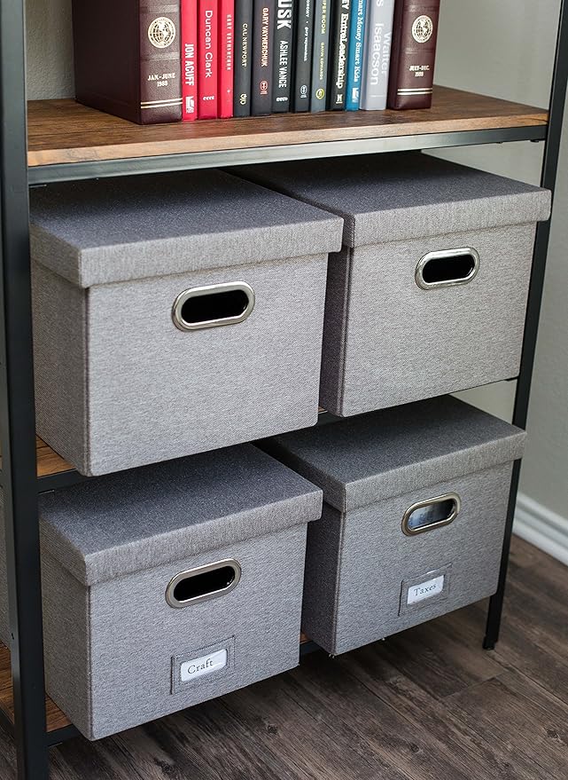 Internet's Best Collapsible File Storage Organizer with Lid - Decorative Linen Filing & Storage Office Box – Hanging Letter/Legal Folder – Home Office Bins Cabinet – Grey Container - 4 Pack