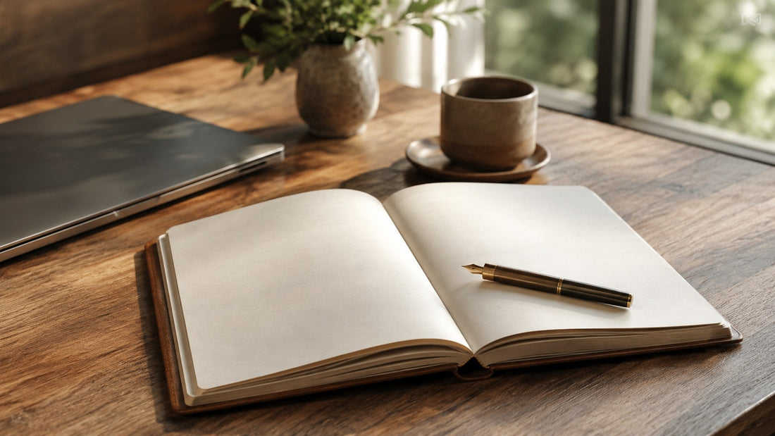 An open hardcover notebook beside a closed laptop on a wooden desk, with a fountain pen resting on the page in soft morning light.