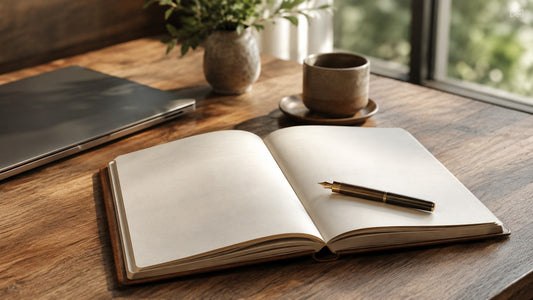 An open hardcover notebook beside a closed laptop on a wooden desk, with a fountain pen resting on the page in soft morning light.