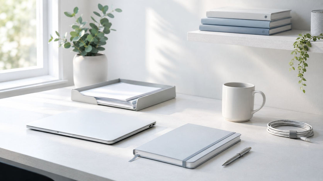 A bright, airy white desk with a plant by a sunlit window, evoking a calm end-of-week reset.