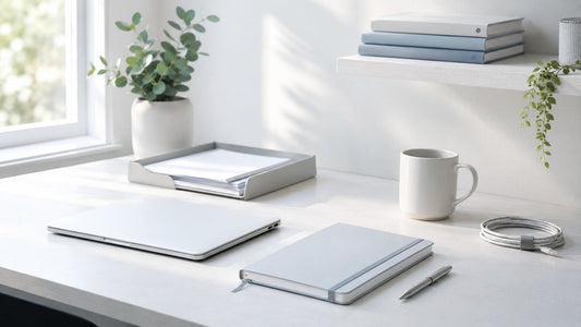 A bright, airy white desk with a plant by a sunlit window, evoking a calm end-of-week reset.