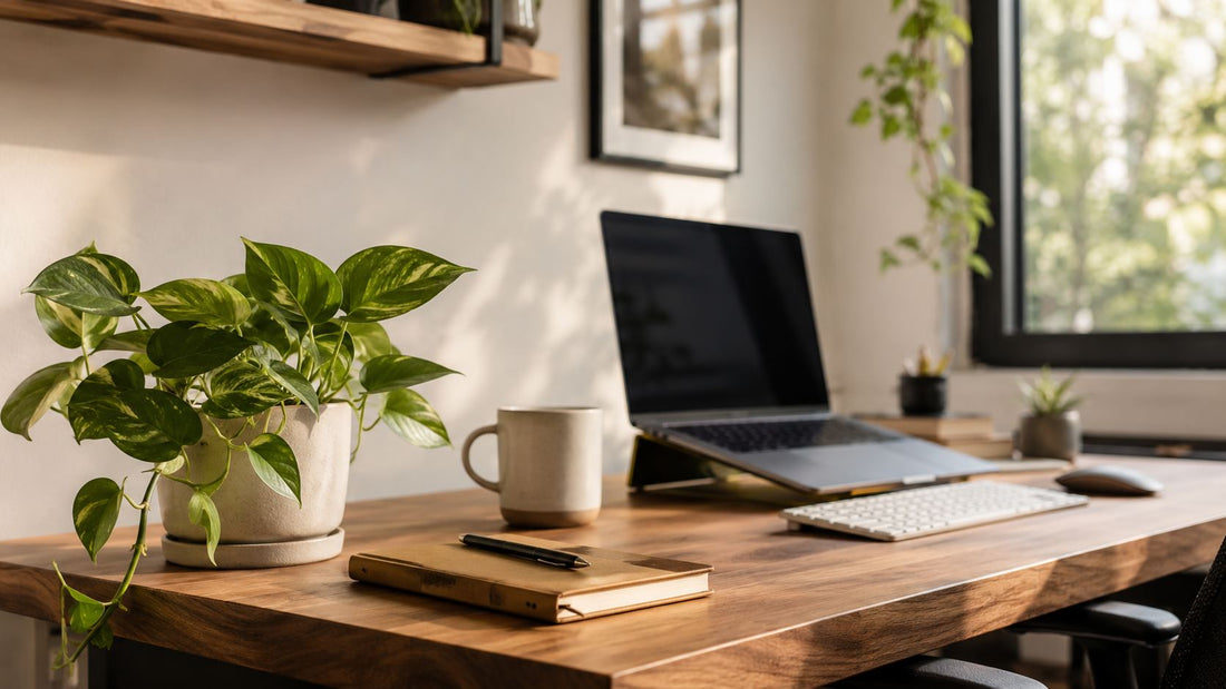 A cozy home office workspace softened by a few small green plants on the desk.