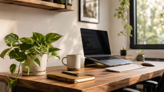 A cozy home office workspace softened by a few small green plants on the desk.