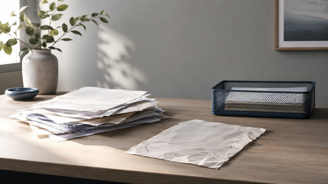 A slim document tray holding a few neatly squared sheets of paper beside a pen on a tidy desk, lit by soft cool window light.