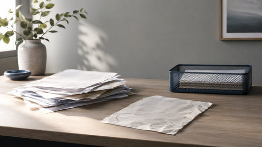 A slim document tray holding a few neatly squared sheets of paper beside a pen on a tidy desk, lit by soft cool window light.