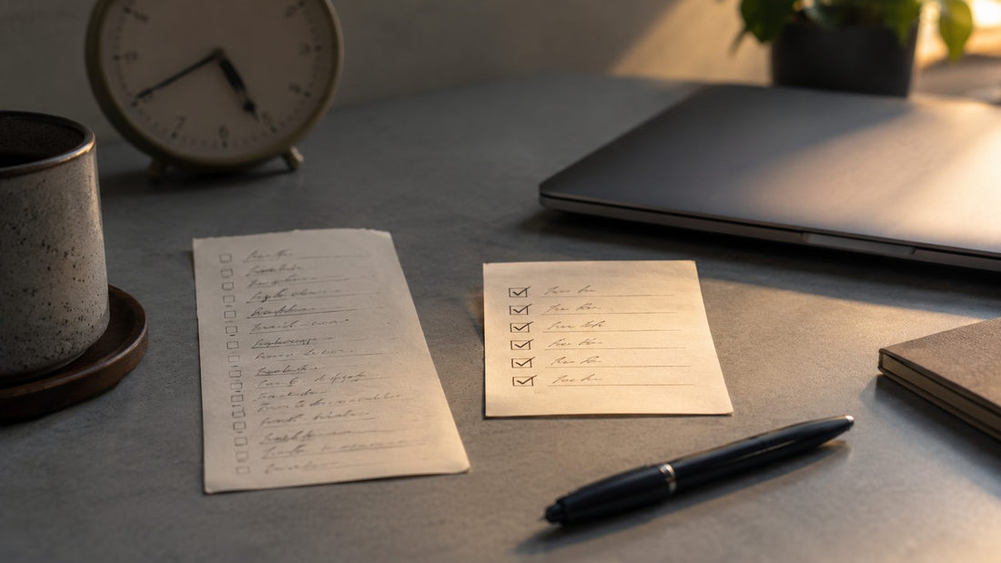 A small pad of pale blue sticky notes and a slim pen on a clean cool-grey desk in bright daylight.